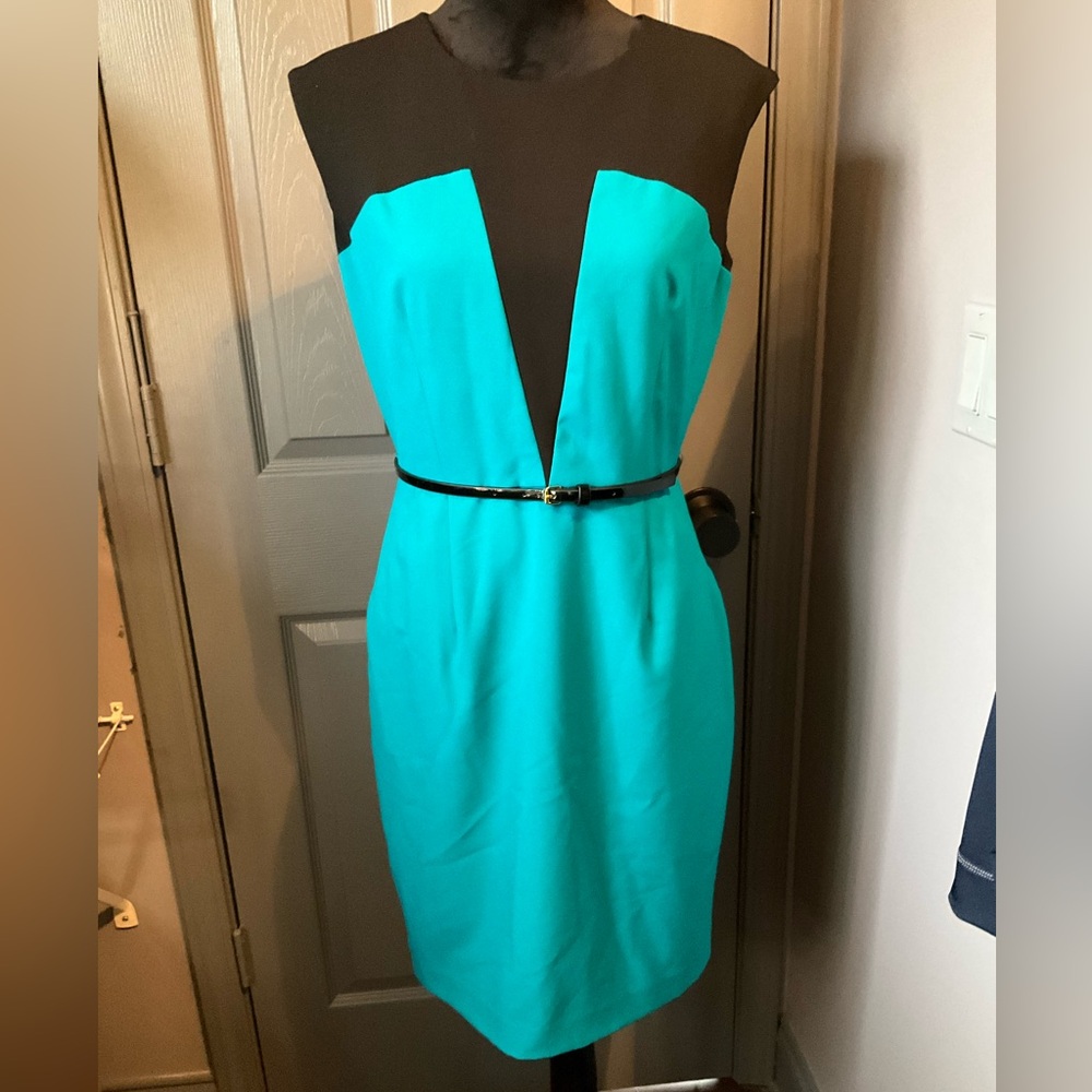 Calvin Klein 10P Black and Teal Dress with belt